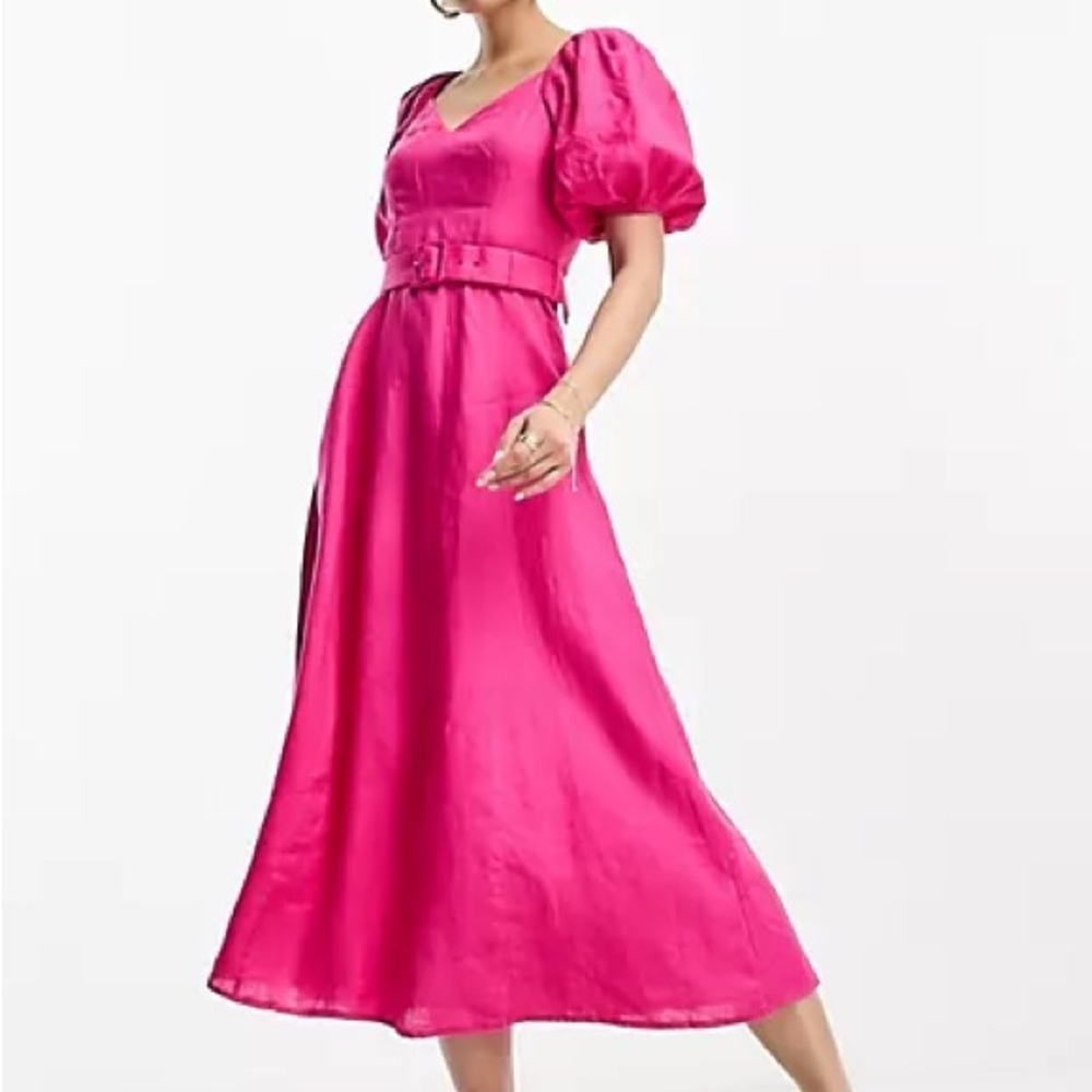 & Other Stories Linen Pink Puff Sleeve Midi Dress